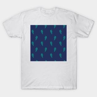 Leaf string repeat pattern, turquoise leaves in blue background T-Shirt